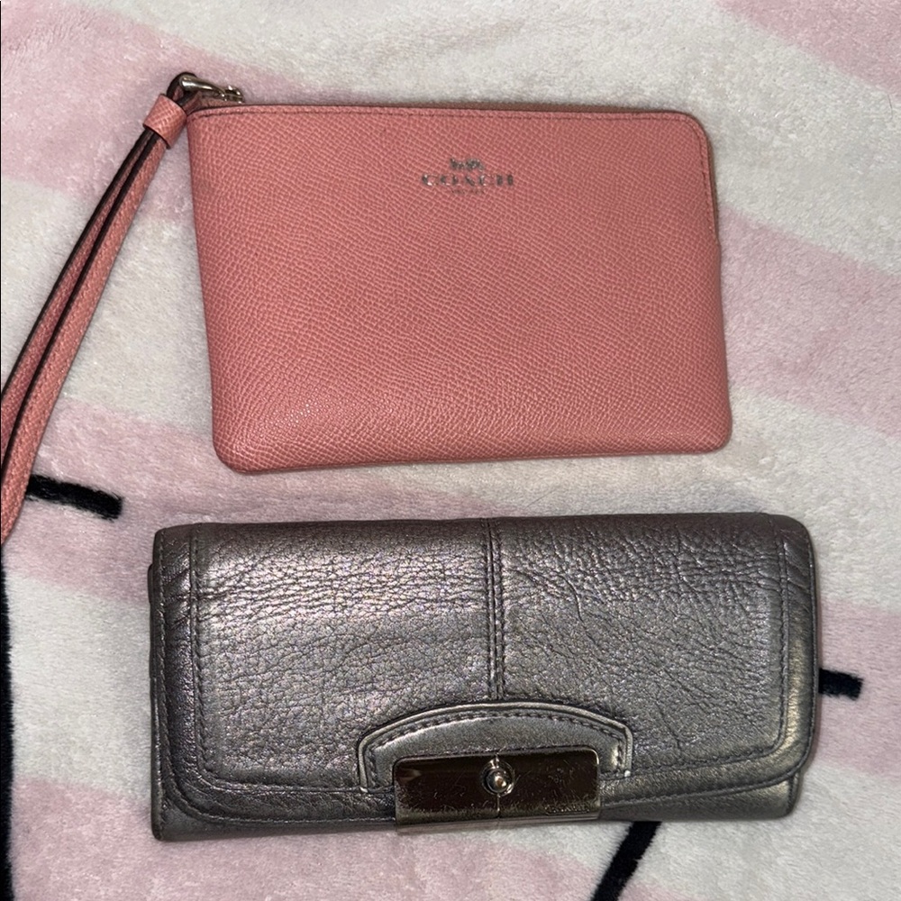 Coach Pink Wristlet and Silver Coach Wallet Set